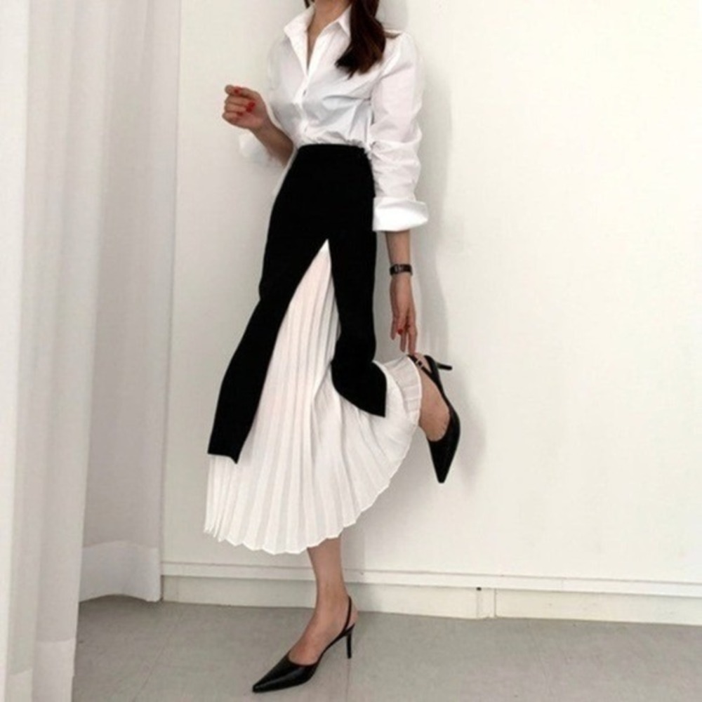 Commense Pleated Midi Skirt Black White Color Block Layered Skirt size XS - Picture 6 of 15